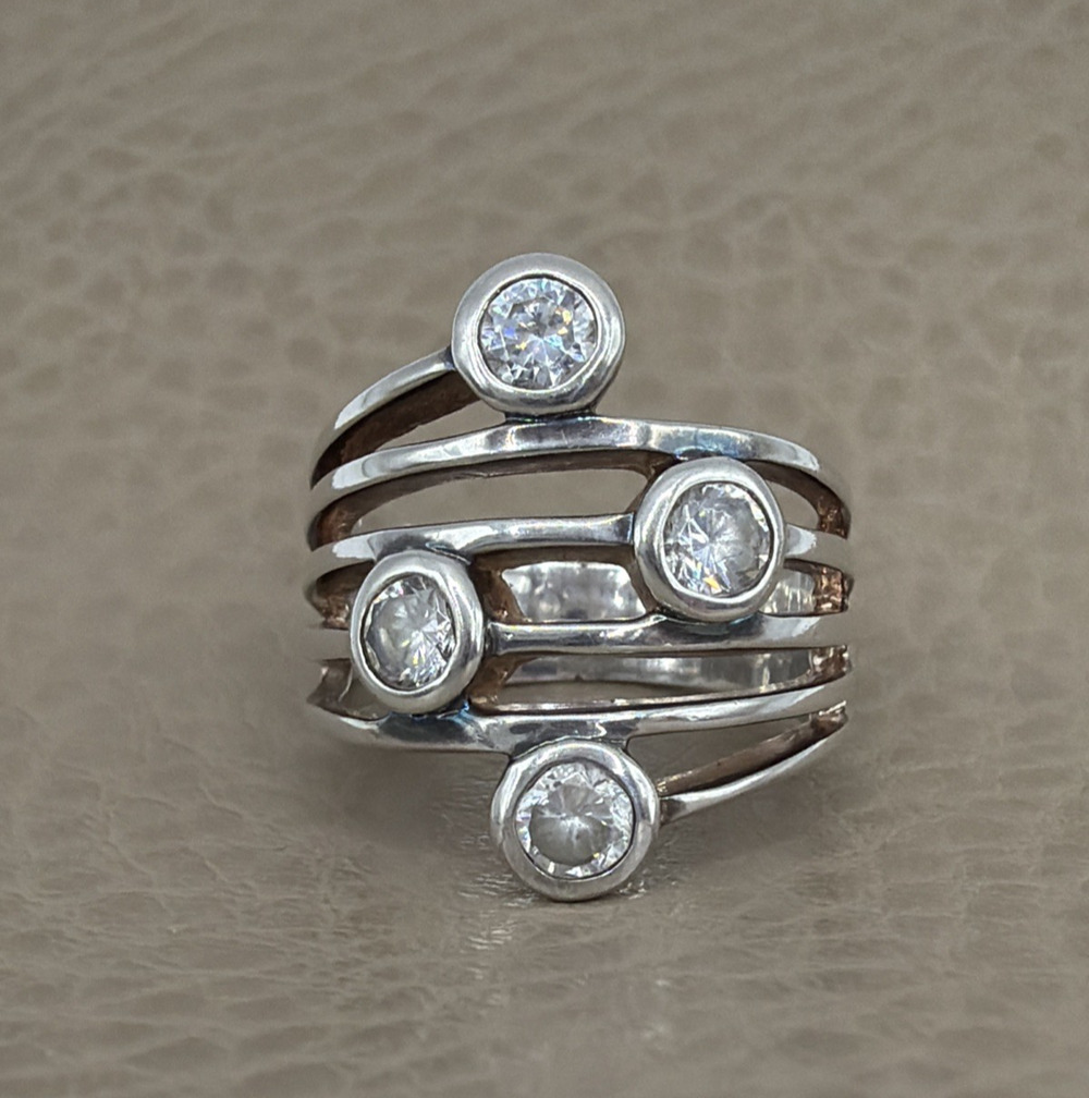 PDI Silver Tone Wrap Ring 7 Clear Round Stones Bezel Set Multi Band Statement